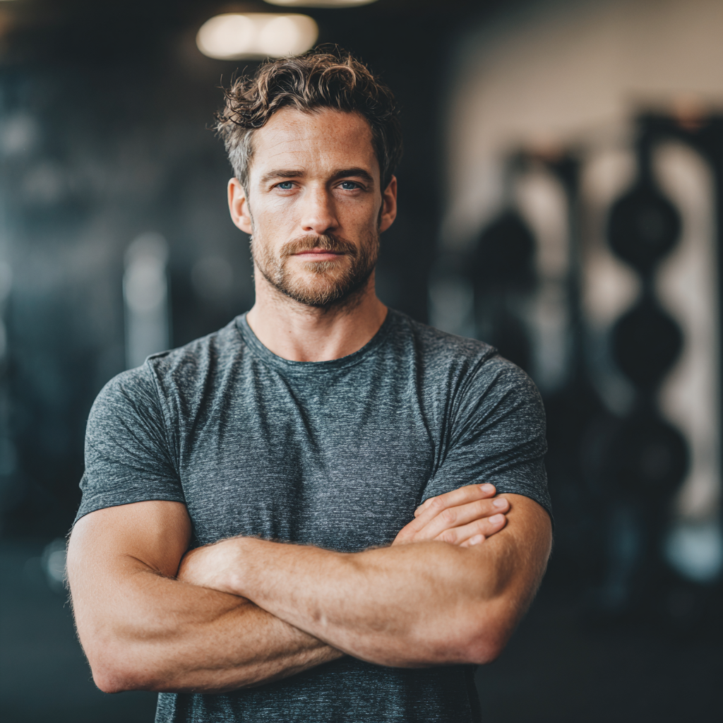 Confident athletic man in gym setting focused on strength training workout