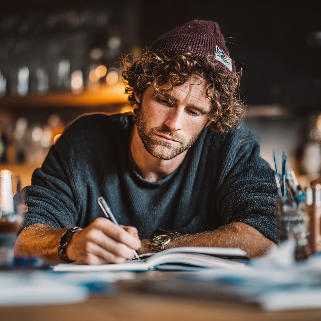 Determined man focused on personal development journey with notebook and planning materials