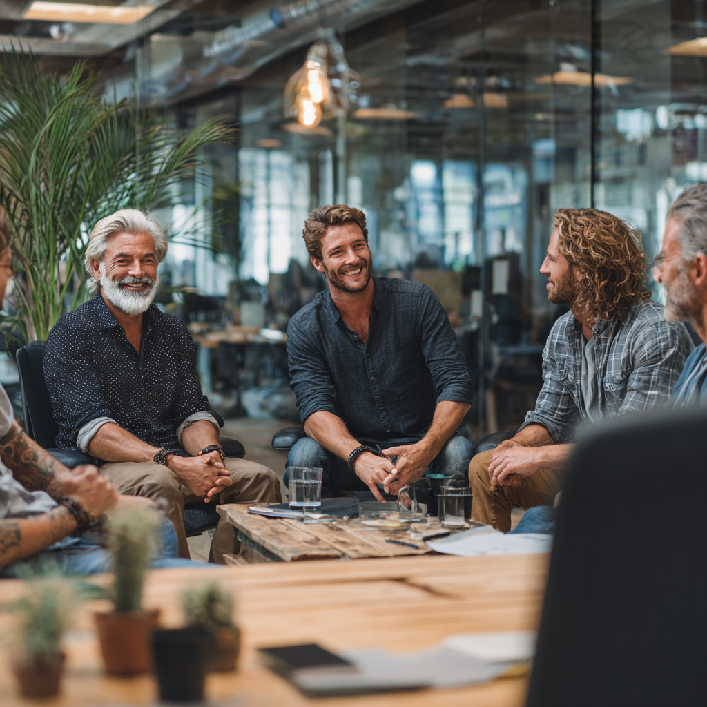 Group of successful motivated men in modern workspace discussing personal development goals